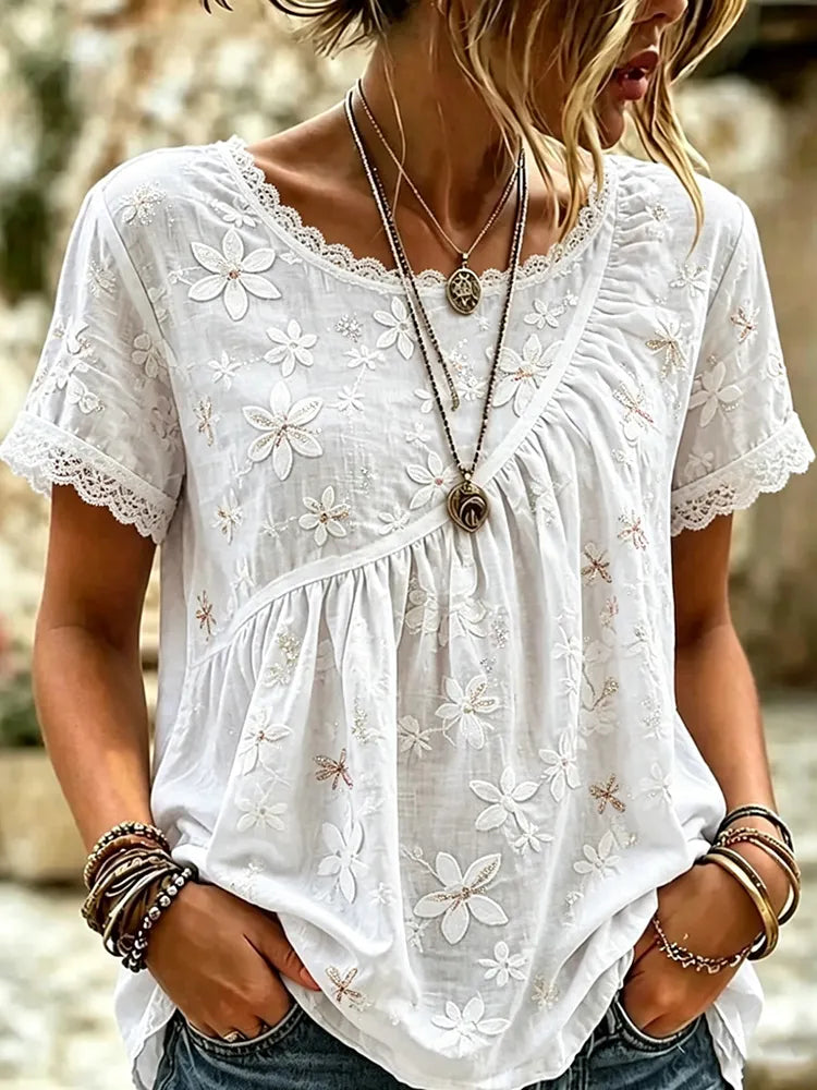 Women's Retro Vacation Floral Dragonfly Lace Round Neck Short Sleeve Linen T-shirt