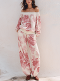 Romantic Ivory Pink Floral Off-Shoulder Two-Piece Set