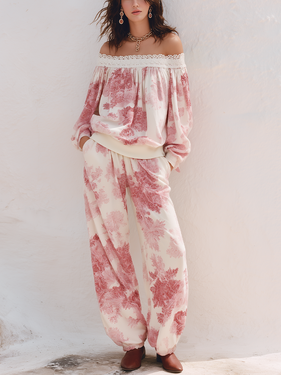 Romantic Ivory Pink Floral Off-Shoulder Two-Piece Set