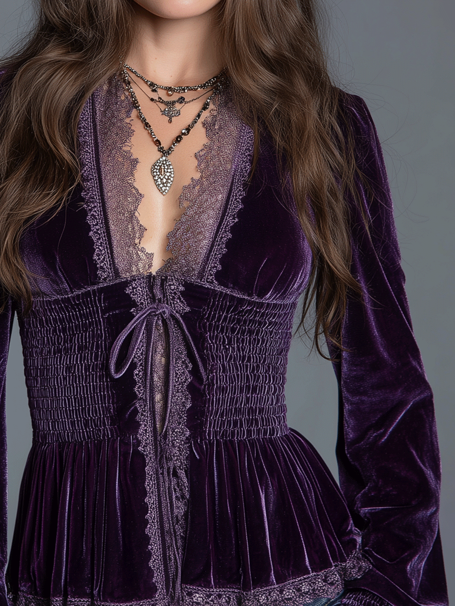 Vintage Velvet Lace-Trim Smocked Boho Top
