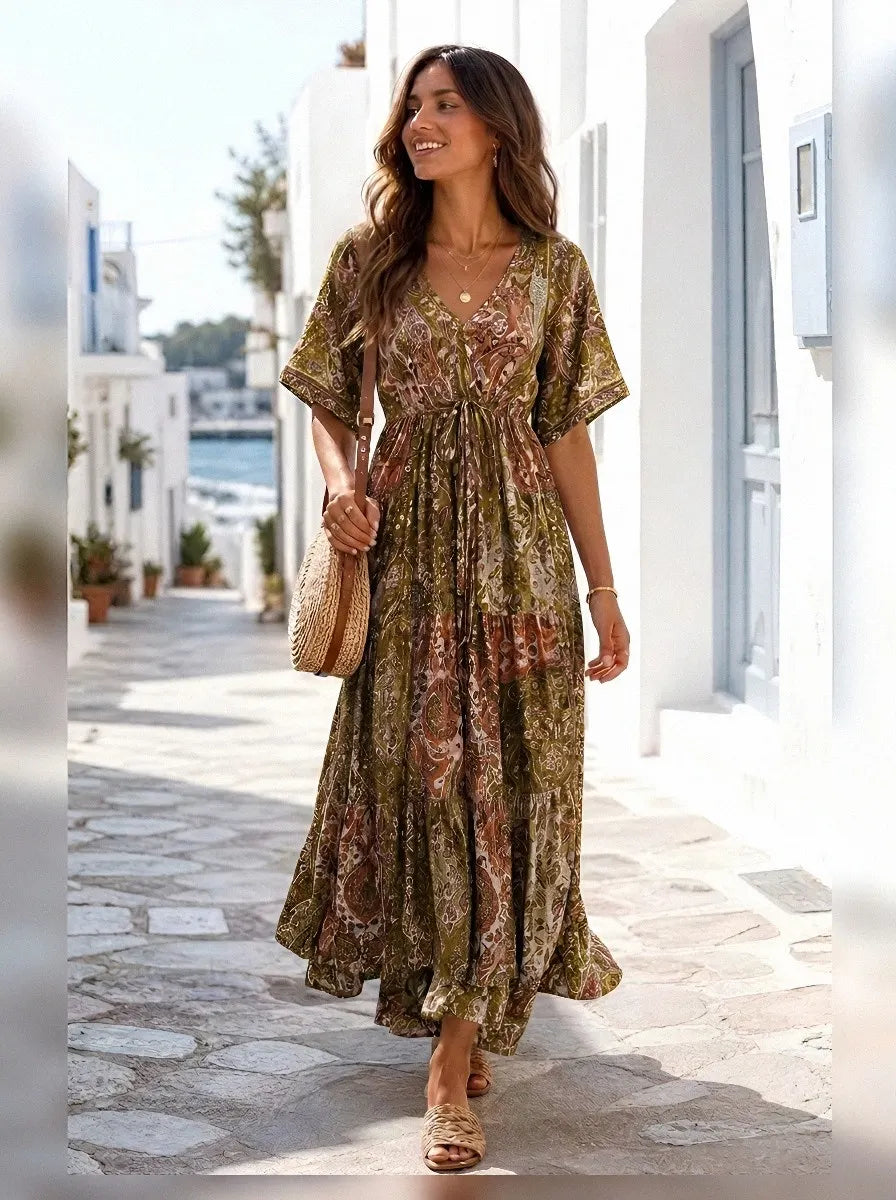 Women's Bohemian V-Neck Paisley Floral Printed Maxi Dress