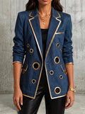 Metallic Gold Trim Grommet Detail Denim Blazer
