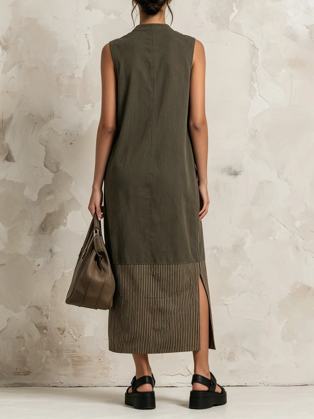 Olive Sleeveless Zip Front Midi Dress Contrast Striped Hem Linen Blend Casual Shift Dress