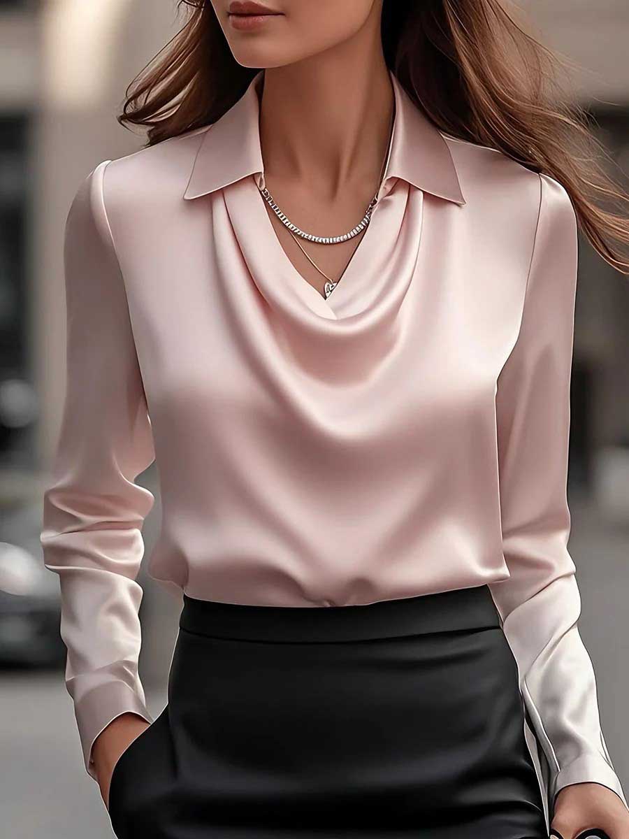 Women's Solid Color Casual Elegant Cowl Neck Long-sleeved Shirt