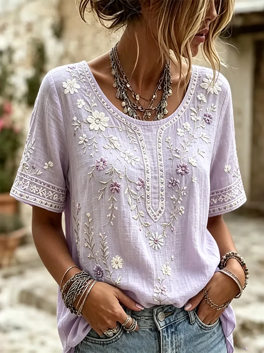 Women'S Floral Printed Linen Short Sleeved T-Shirt