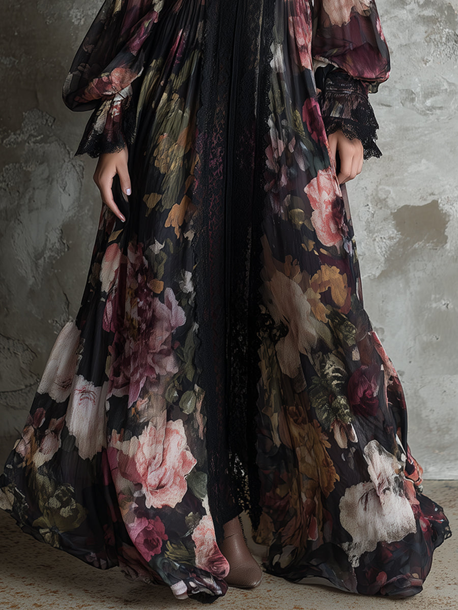 Bohemian Holiday Chiffon Printed Lace Maxi Dress