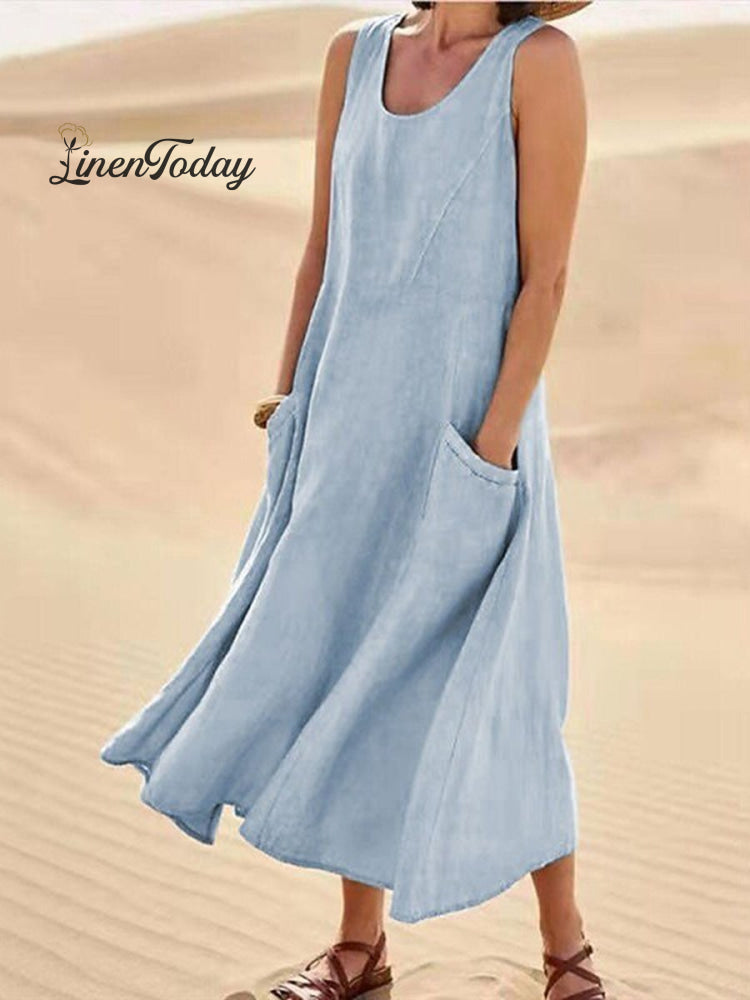 Women Sleeveless Sundress Elegant Round Neck Cotton Linen Solid Long Tank Casual Summer Dress