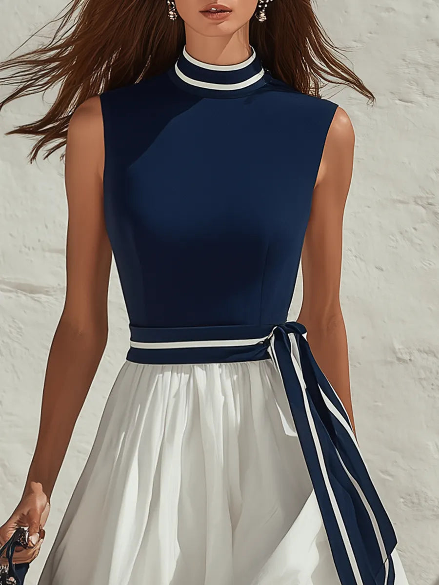 Vacation Sleeveless Navy Blue And White Color-Block A-Line Midi Dress