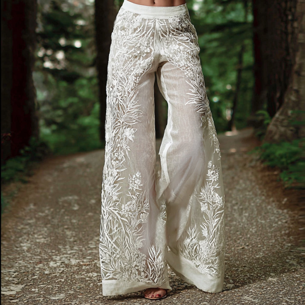 Japanese Style Plant Floral White Cotton Linen Casual Pants