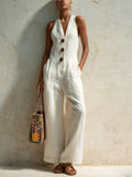 White Linen-Blend Halter Neck Button-Front Wide-Leg Jumpsuit