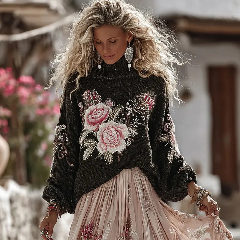 Vintage Rose In White Art Cozy Knit Turtleneck Sweater And Linen Skirt Two-piece Set