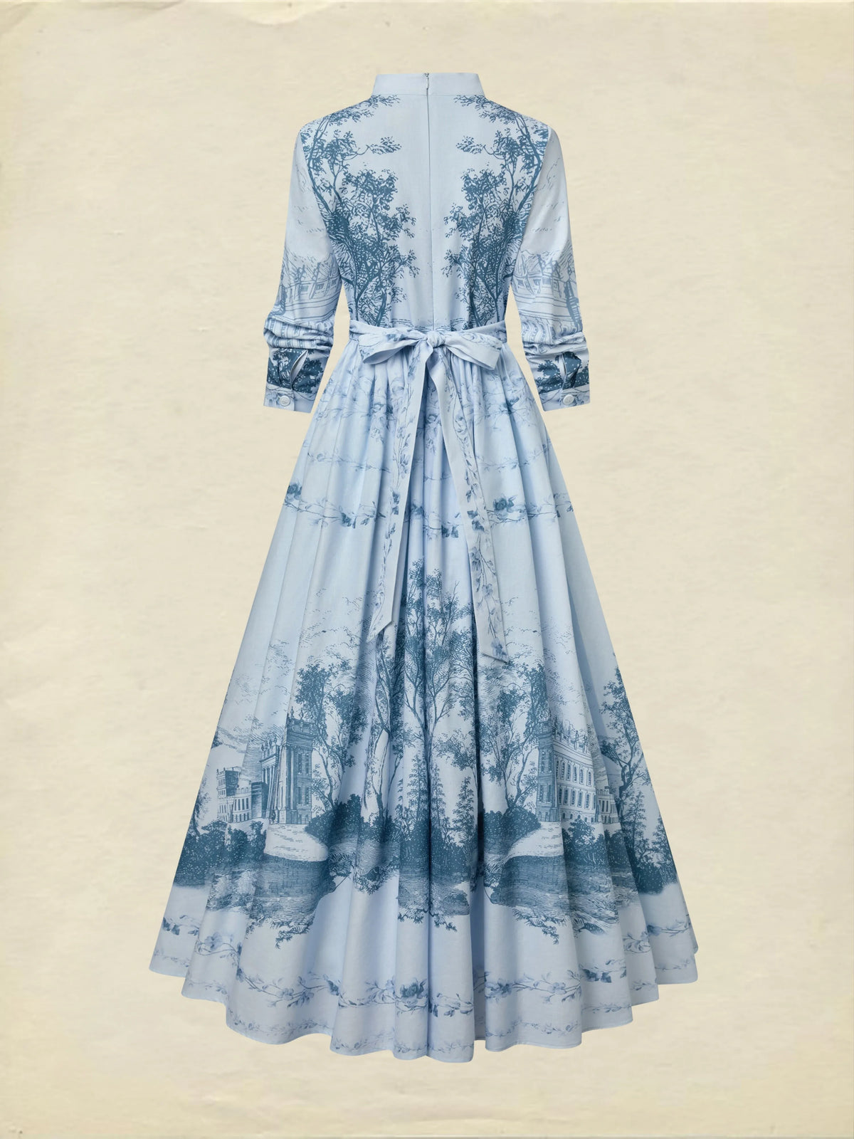 Maxi Cotton Dress, Long Sleeves, Stand Collar, Floral, Pocket Design, Vintage, Blue