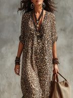 Bohemian Leopard Print Flowy Kaftan Dress