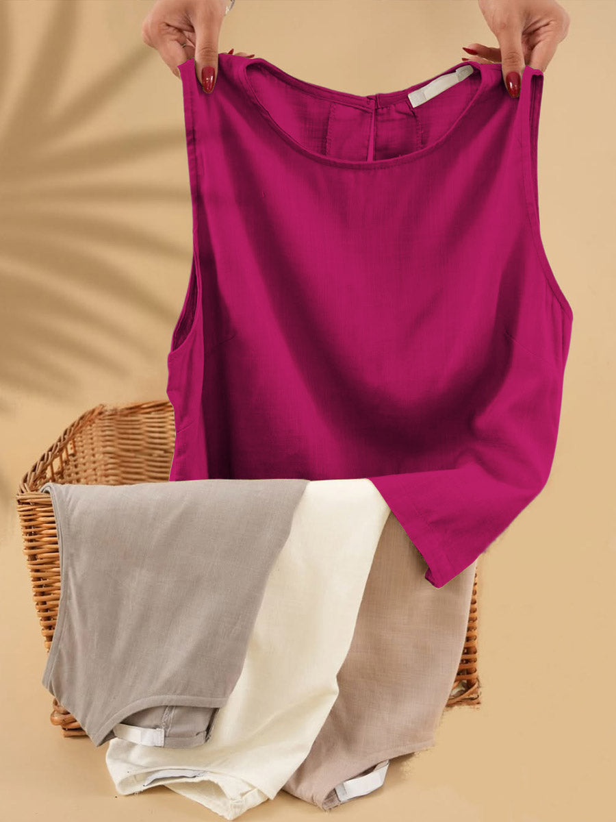 Women's Solid Color Round Neck Sleeveless Casual Linen Vest Top