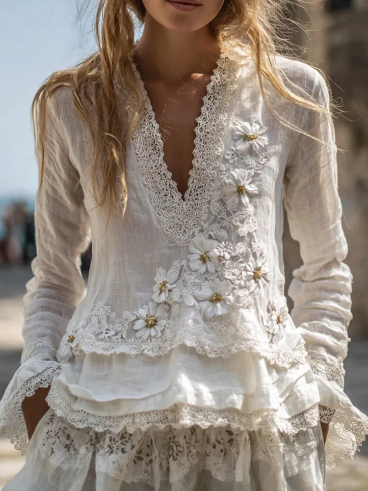 Bohemian Vintage Pure White Daisy Top