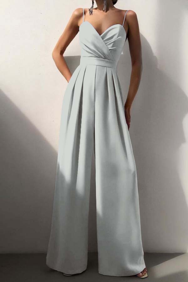 Cocoslly Chic Lilac Sweetheart Spaghetti Strap Sleeveless Pleated Long Wid-Leg Jumpsuit