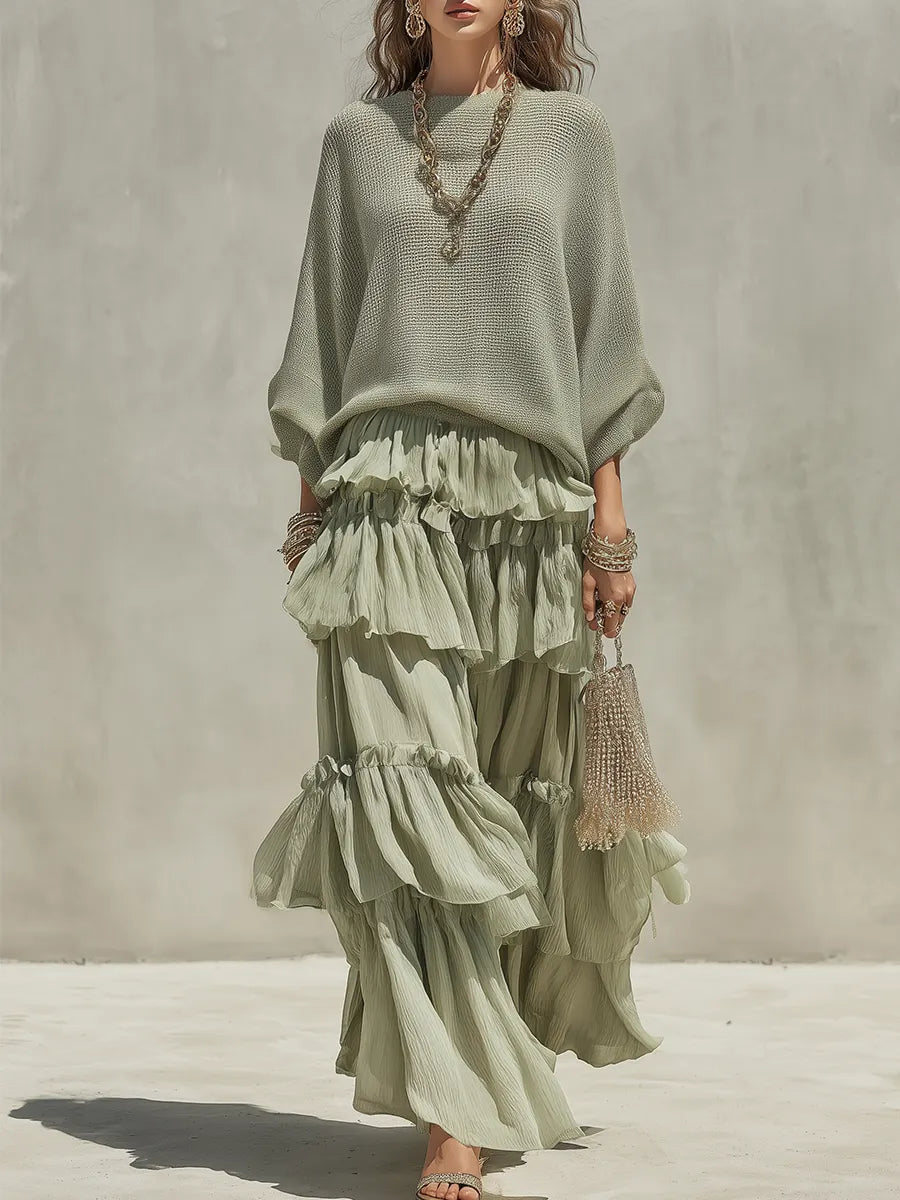 Bohemian Sage Green Sweater And Ruffled Skirt Set