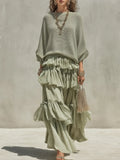 Bohemian Sage Green Sweater And Ruffled Skirt Set
