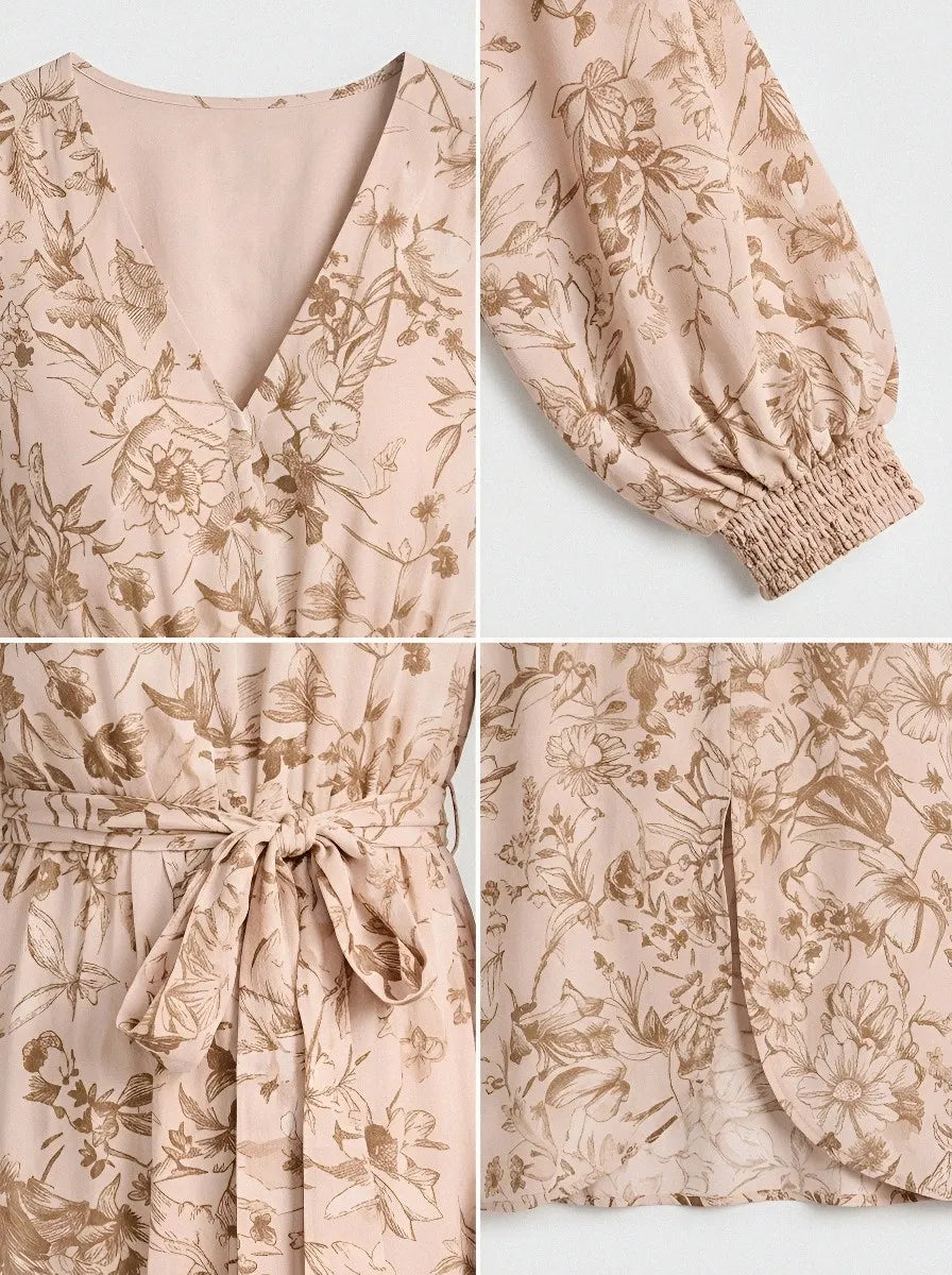 Women's Bohemian Floral V-Neck Long Sleeve Printed Dress