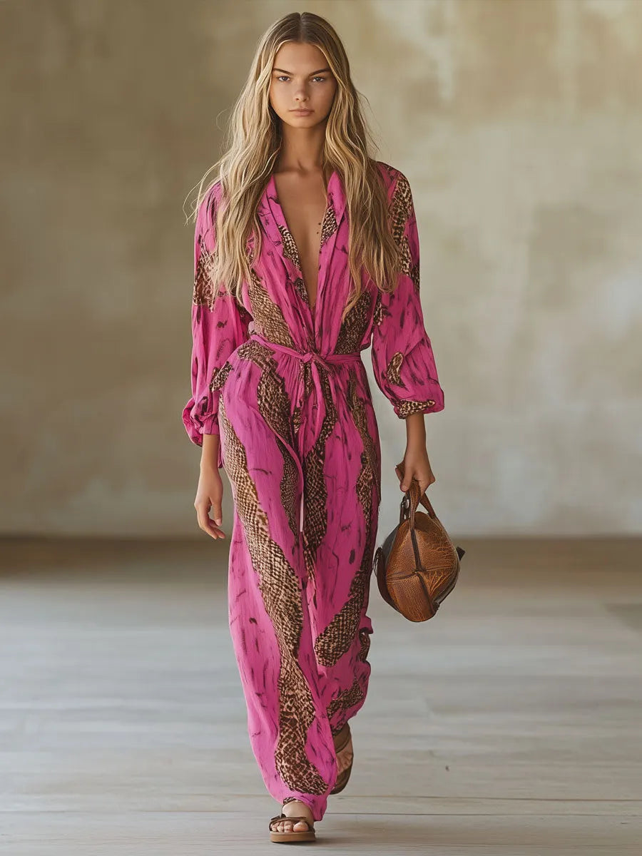 Casual Loose Rose Red Chiffon Leopard Print Long-Sleeved Jumpsuit