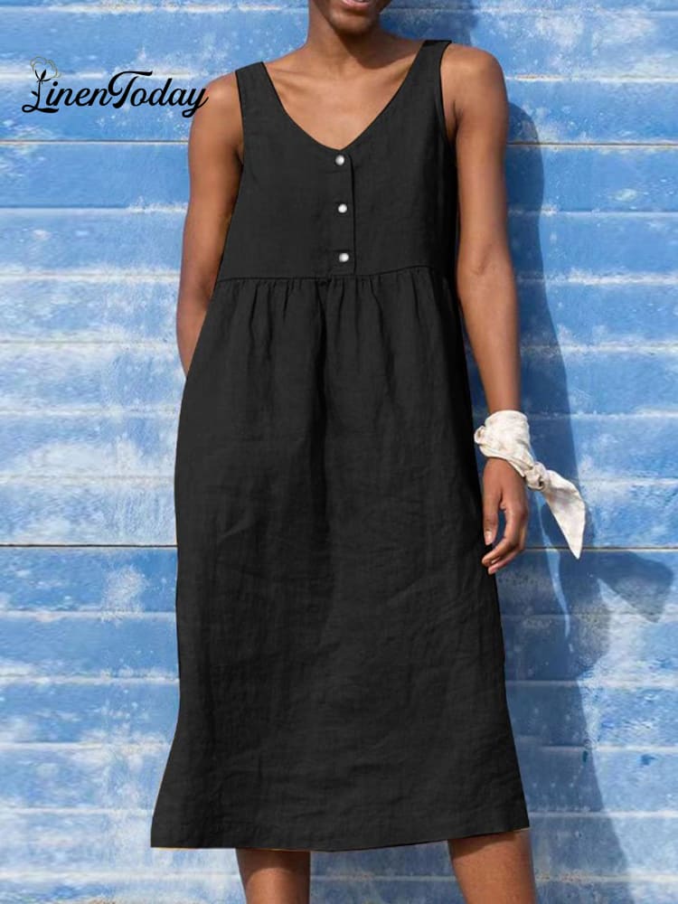Women's Solid Color Loose Elegant Casual Cotton And Linen Sleeveless Dress