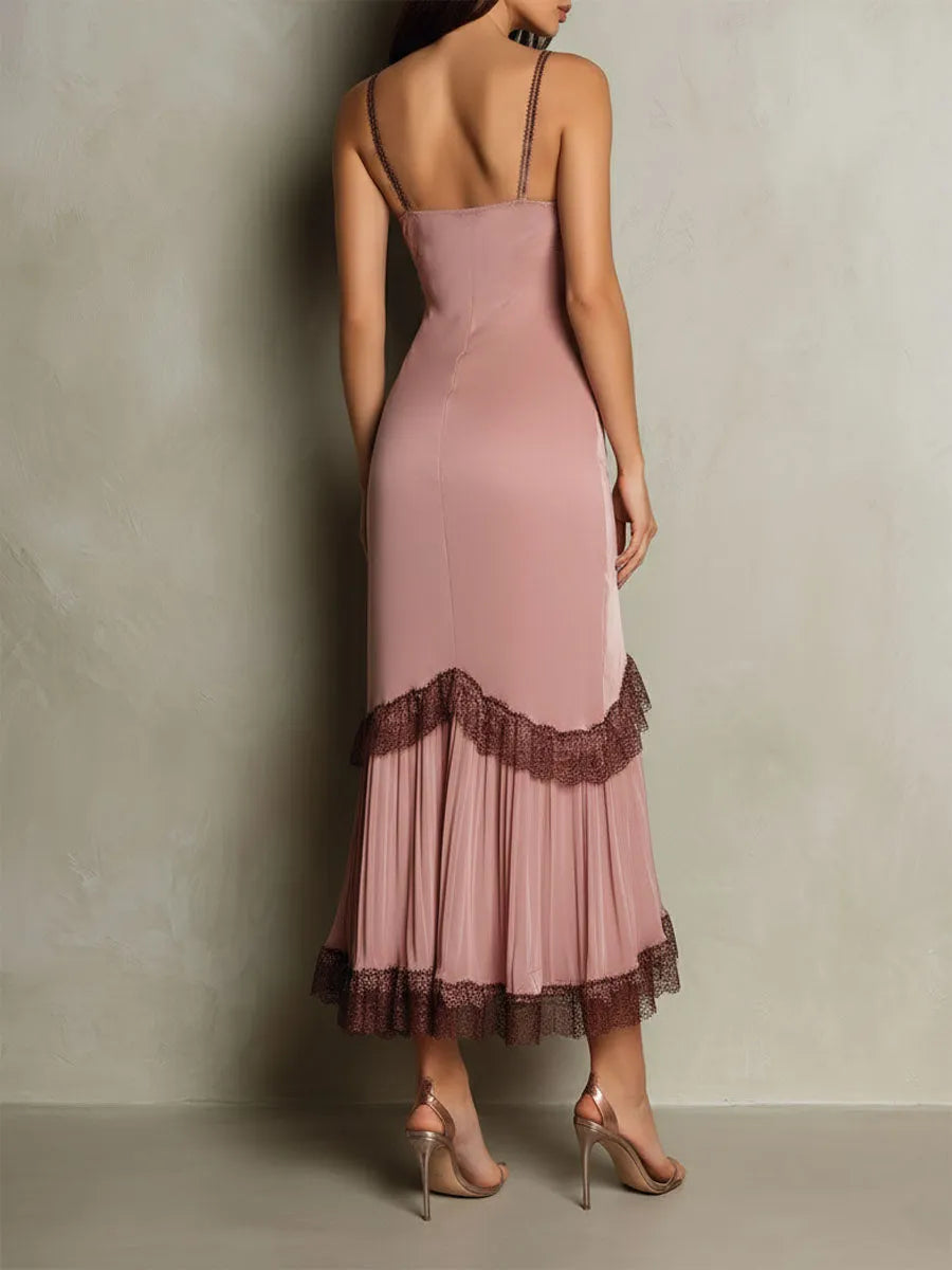 Elegant Blush Satin Lace-Trim Slip Midi Dress With Asymmetric Hem