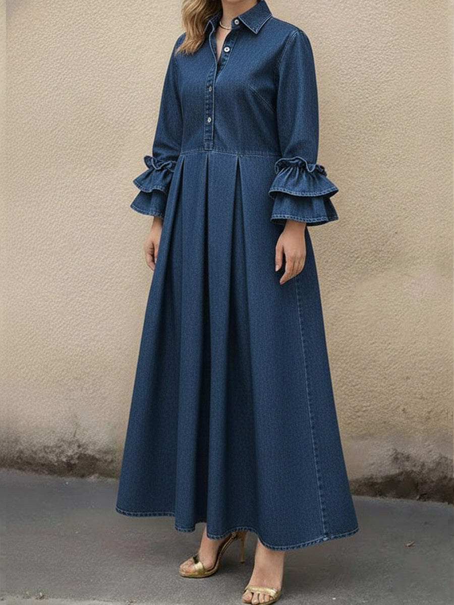 Women's Casual Denim Dress With Ruffled Sleeves