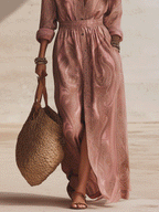 Romantic Bohemian-Style In Soft Pink Cotton Floral Print Maxi Dress