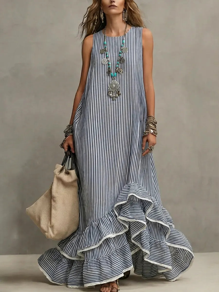 Women's Retro Striped Art Ruffled Casual Stylish Cotton Linen Maxi Dress