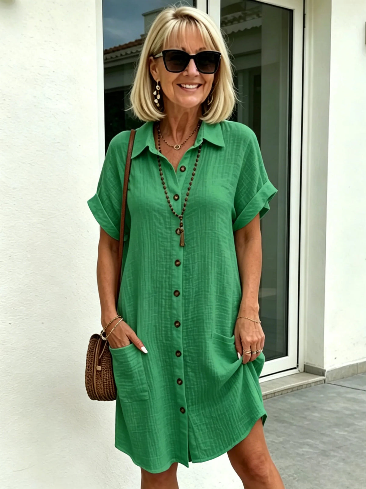 Solid Color Shirt Dress Simple, Made of Breathable, Featuring a Lapel Collar and Orderly Button Arrangement That Adds a Vintage Charm