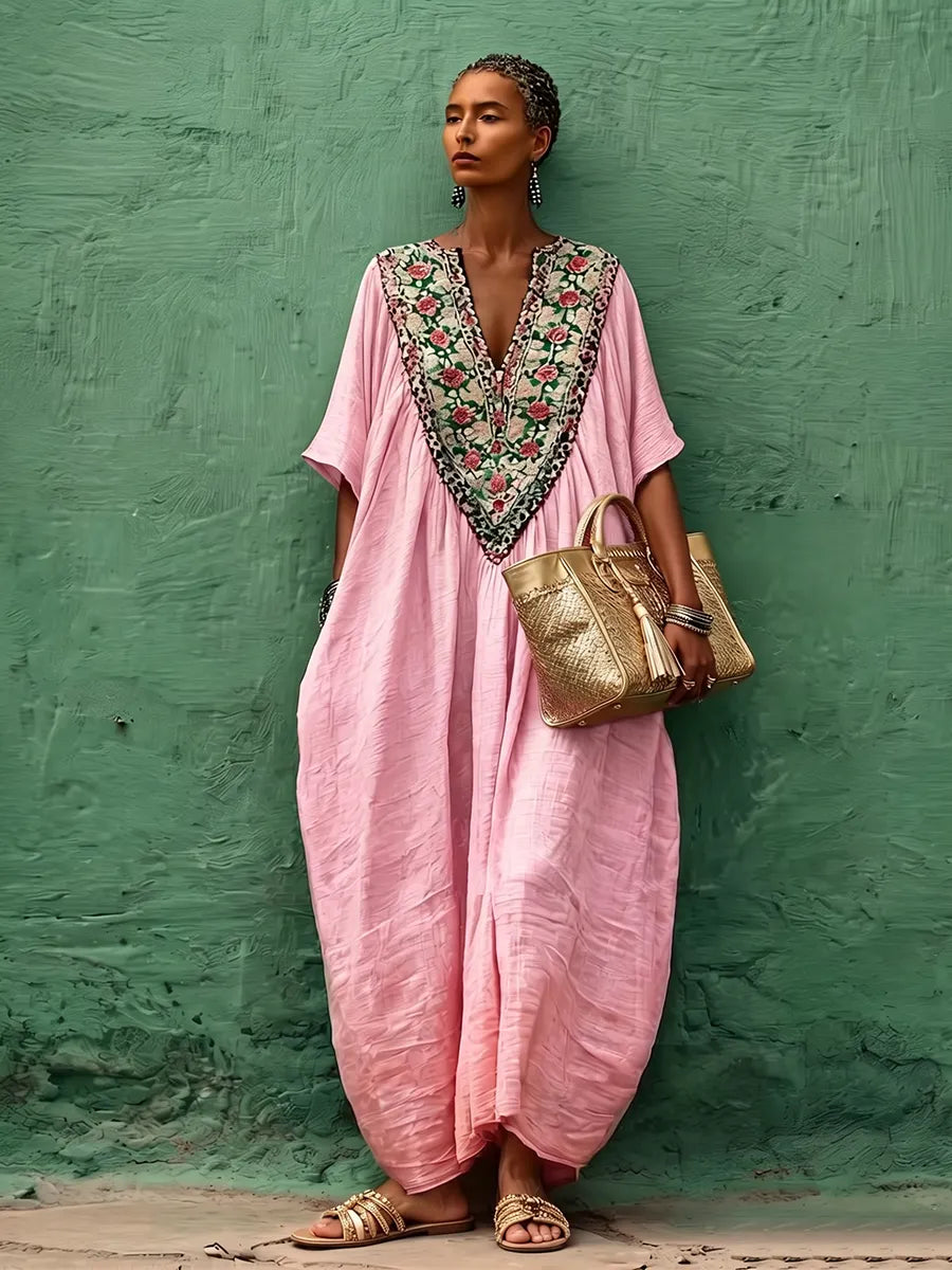 Bohemian Floral Print Cotton-linen Kaftan Maxi Dress