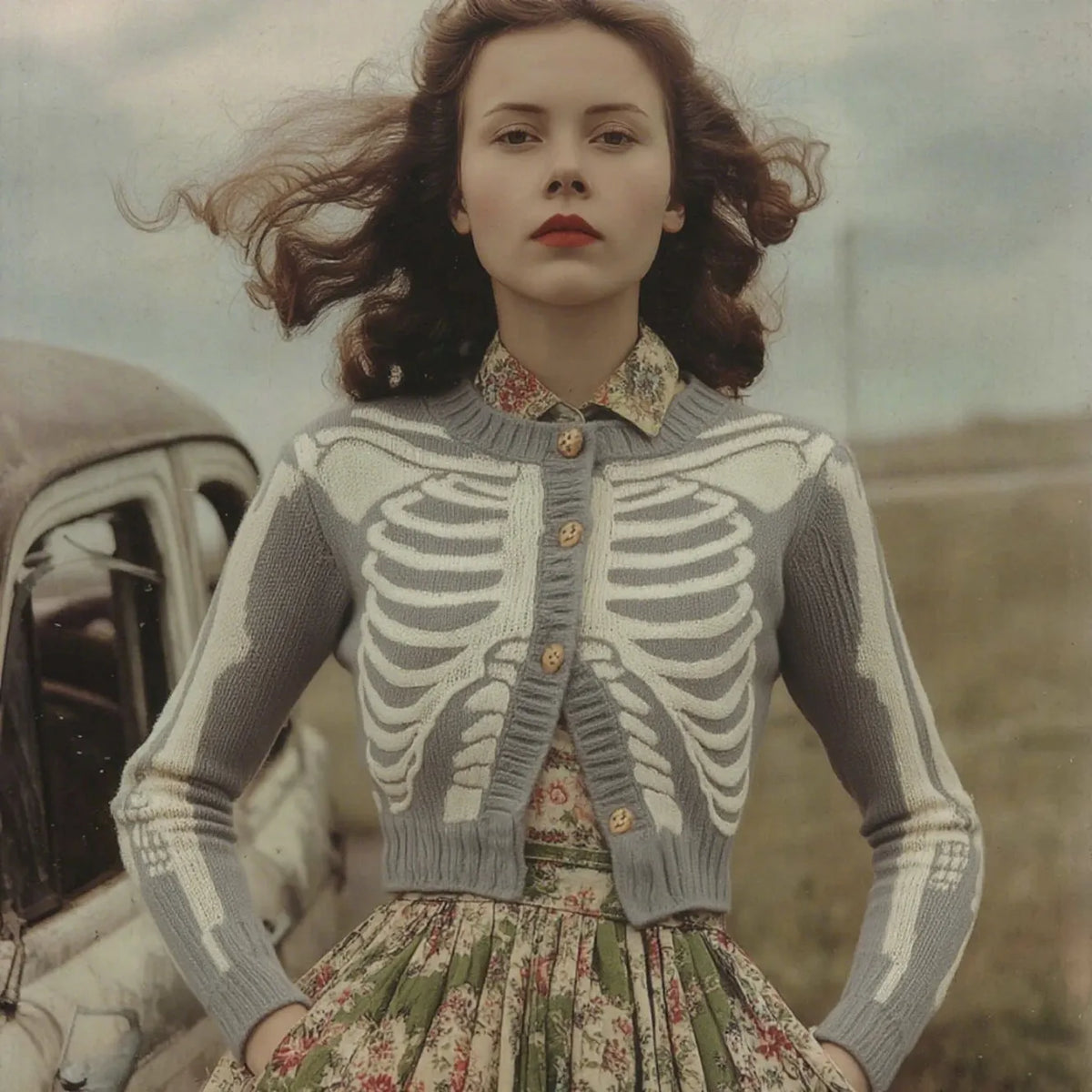 Women's Vintage Skull Ribs Pattern Cozy Knit Sweater Cardigan