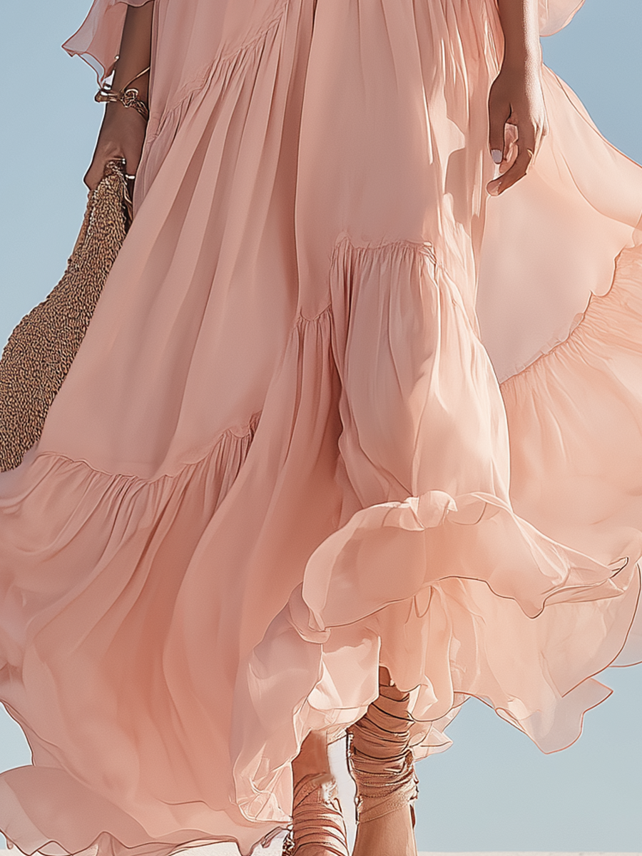 Dreamy Blush Pink Cold-Shoulder Chiffon Maxi Dress
