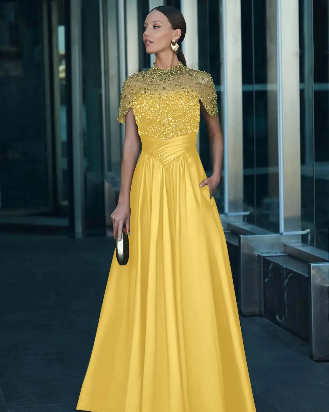 Tulle And Satin High-Neck Short Sleeves Long A-Line Pleated Prom Dress With Pockets And Beadings YK0542