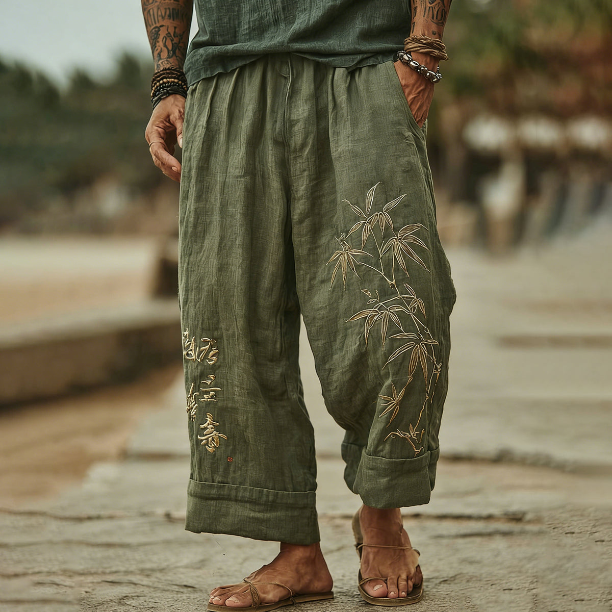 Men's Japanese Bamboo Art Wide Leg Linen Pants