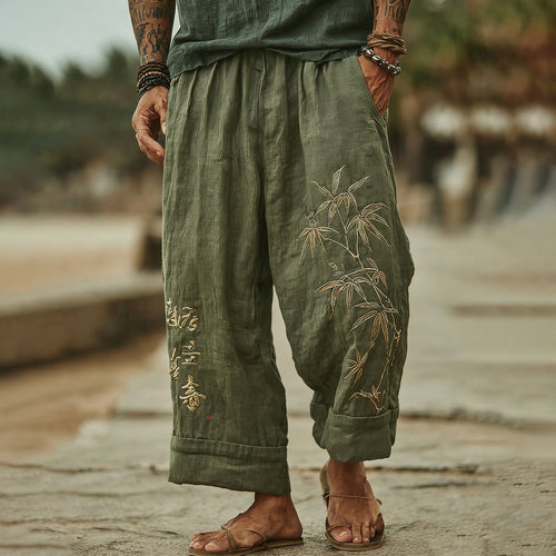 Men's Japanese Bamboo Art Wide Leg Linen Pants