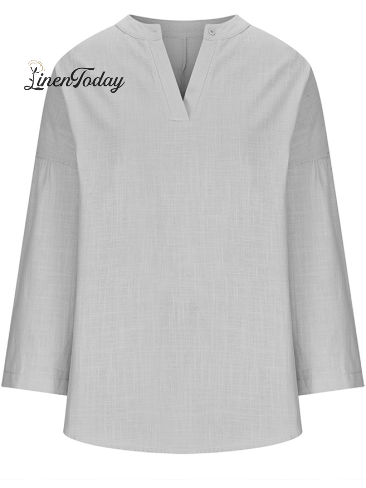 Women's Cotton Long Sleeve Round Neck Solid Color Loose Beach Shirt