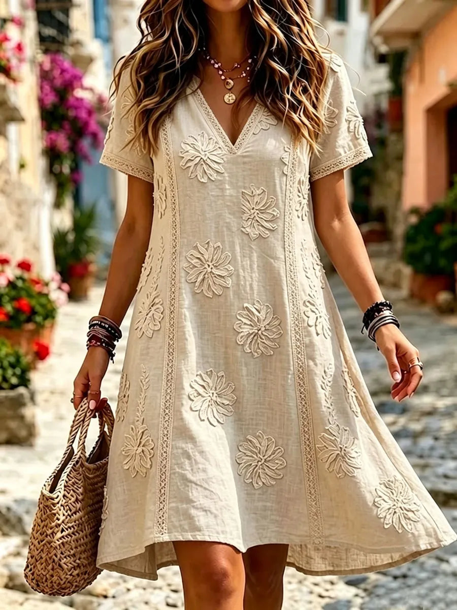 Women'S Cotton And Linen Casual Vacation Lace  Printed Dress