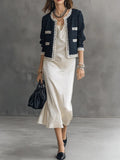 Tweed Lace-Trim Cropped Jacket & Satin Slip Dress Two-Piece Set