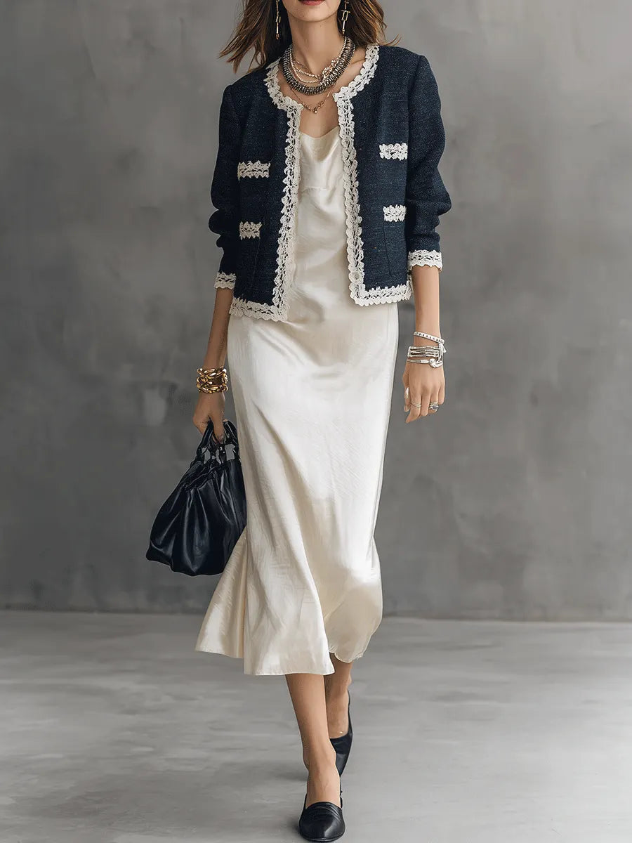 Tweed Lace-Trim Cropped Jacket & Satin Slip Dress Two-Piece Set