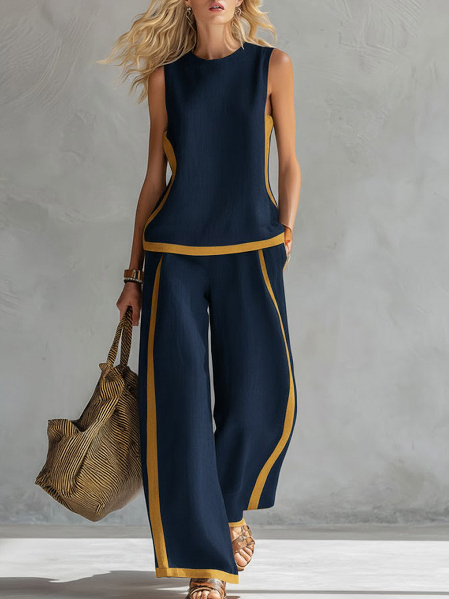 Women's Round Neck Sleeveless Casual Loose Top And High-waisted Loose Wide-leg Pants Cotton And Linen Set.