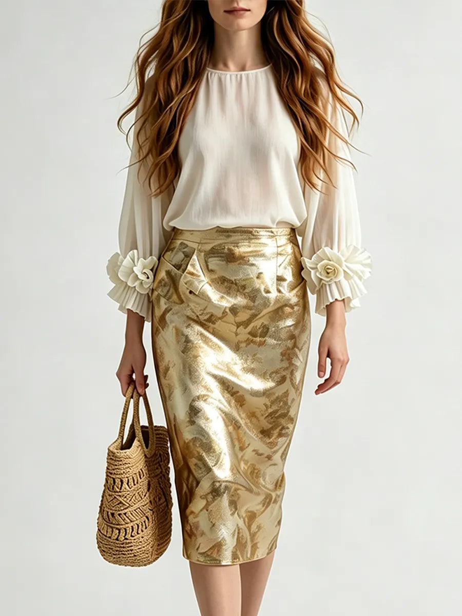 Resort Luxe Floral Appliqu¨¦ Blouse With Brocade Midi Skirt