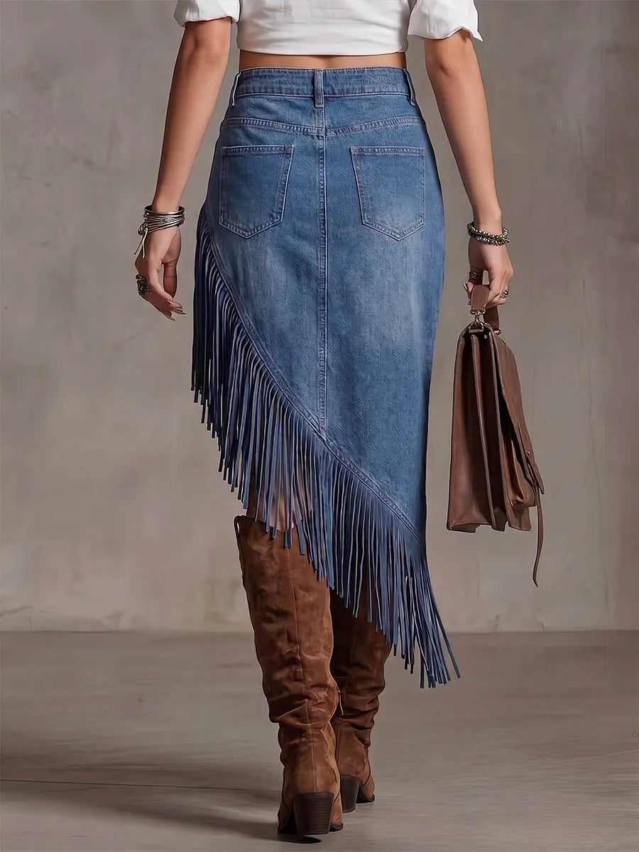Women's High-Waisted Casual Loose Denim Fringe Skirt