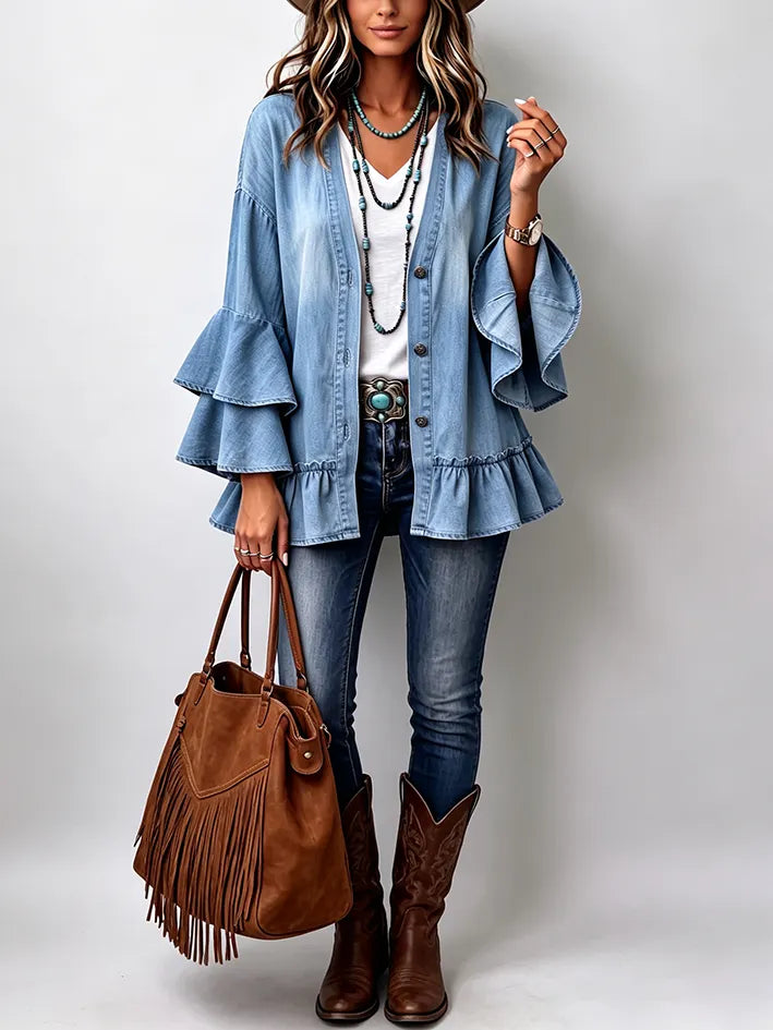 Chic Boho Tiered Ruffle Sleeve Denim Cardigan
