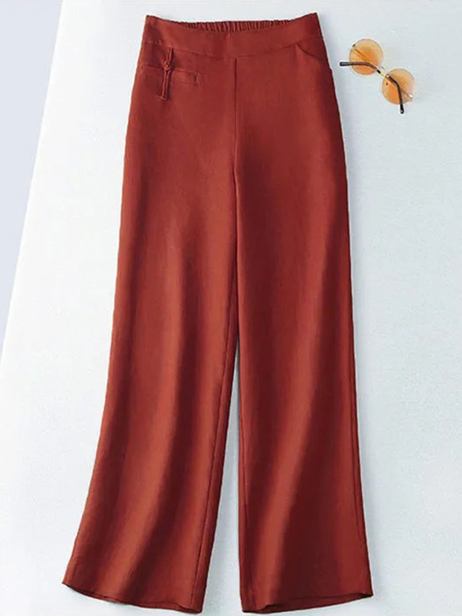 Women's Solid Color Button Half Elastic High Waist Casual Cotton and Linen Wide Leg Pants