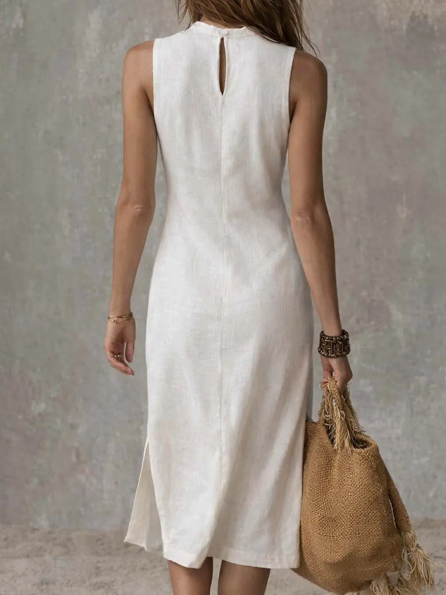 Stand-collar Split-hem Cotton And Linen Midi Dress
