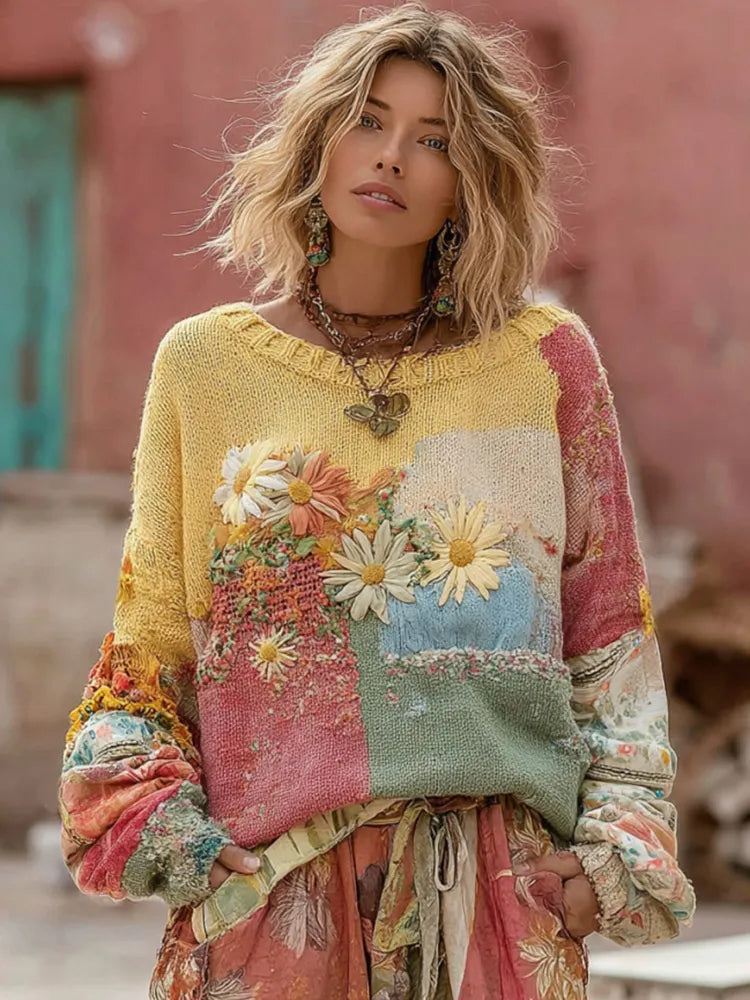 Vintage Daisy Embroidery Macaroon Color Patchwork Art Cozy Sweater