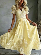 Women's White Rose Art Embroidered Linen Blend V Neck Maxi Dress