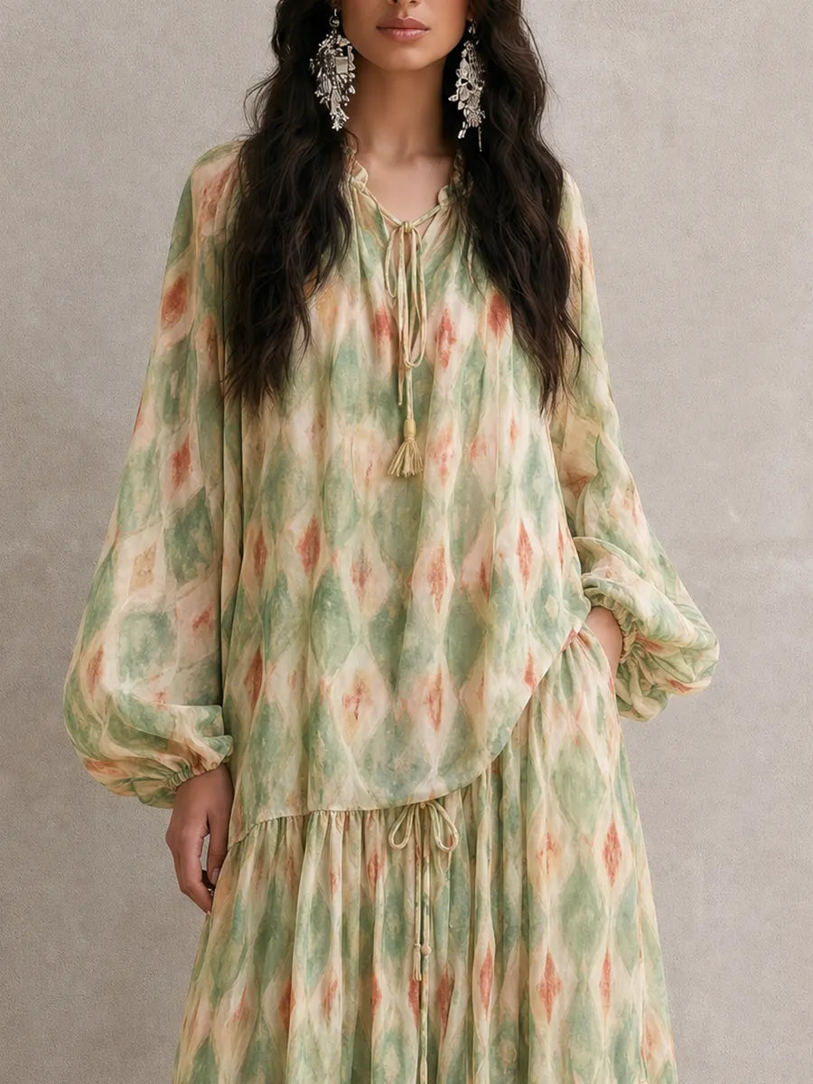 Resort Bohemian Watercolor Blouse & Tiered Maxi Skirt Set