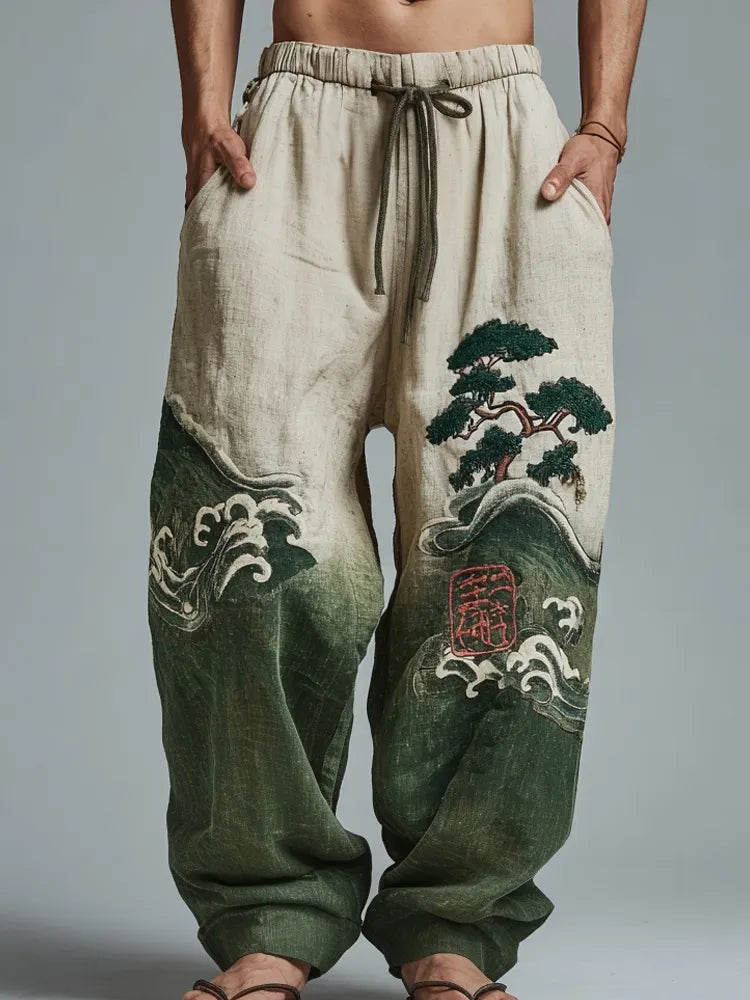 Men's Japanese Waves & Pine Tree Embroidered Linen Trousers